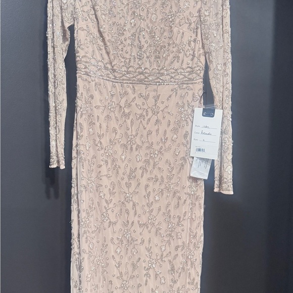 Mac Duggal Beige Beaded Tea Length Dress w/ Sheer Sleeves - Picture 13 of 14